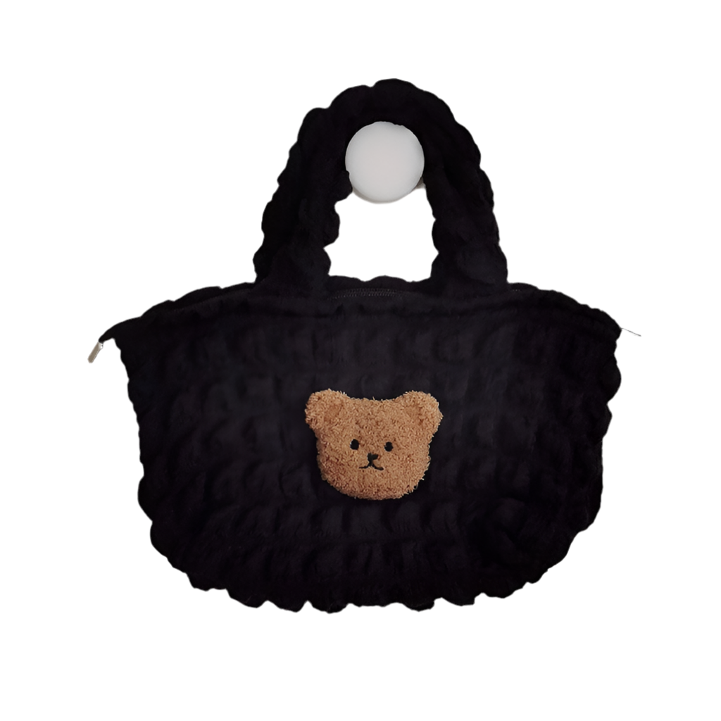 Plush Three-dimensional Teddy Bear Head Puffer Plaid Handbag