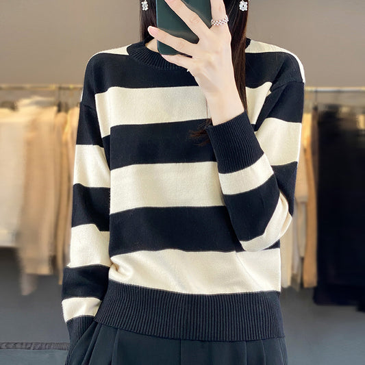 Women's Round Neck Sweater Loose-fitting Striped Long Sleeves