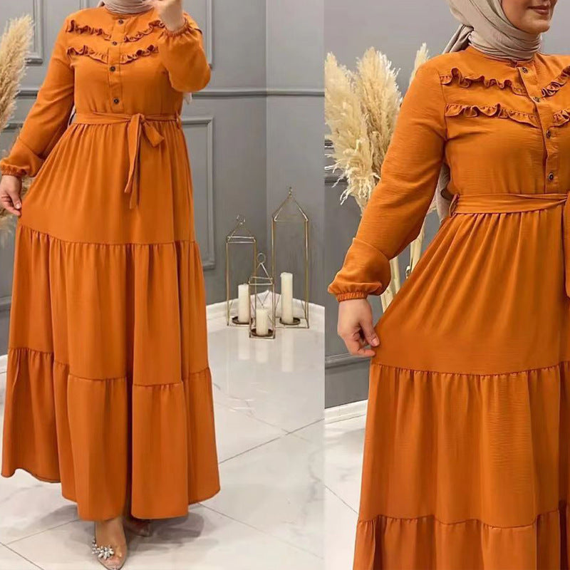 New Muslim Robe Solid Color With Belt Fashion Casual Dress