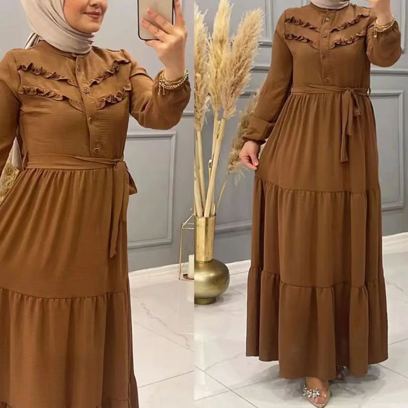 New Muslim Robe Solid Color With Belt Fashion Casual Dress