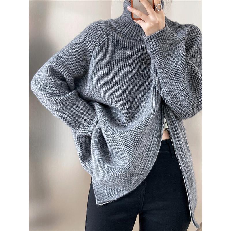 Double-headed Zipper Turtleneck Sweater Coat Loose Plus Size Knitwear