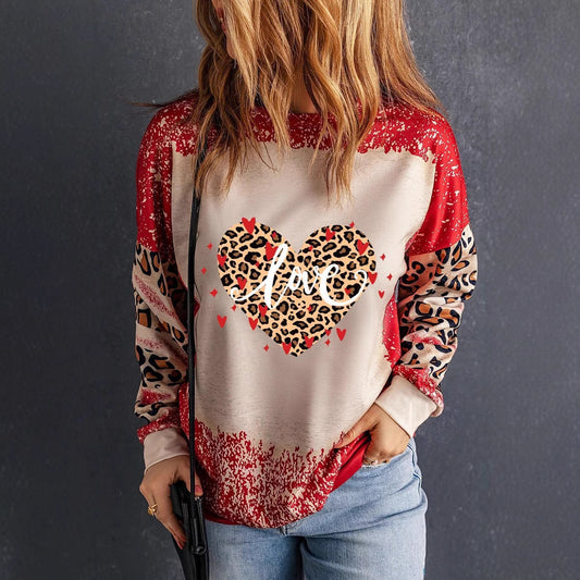 Heart Printing Round Neck Long Sleeve Pullover Hoodie