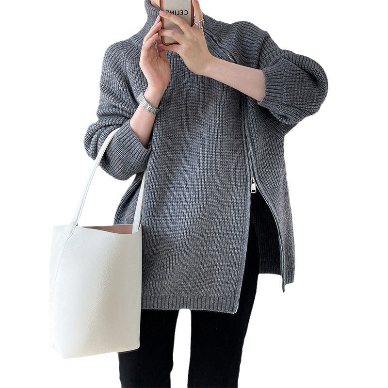 Double-headed Zipper Turtleneck Sweater Coat Loose Plus Size Knitwear