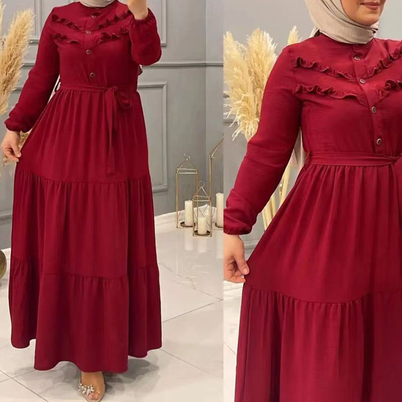 New Muslim Robe Solid Color With Belt Fashion Casual Dress